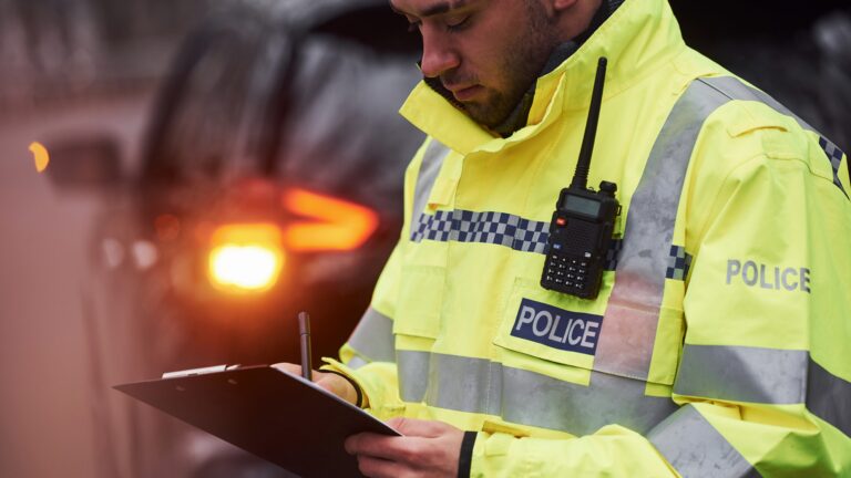 Police officer creating a police report at the accident scene, an essential step in the accident claims process for evidence collection.