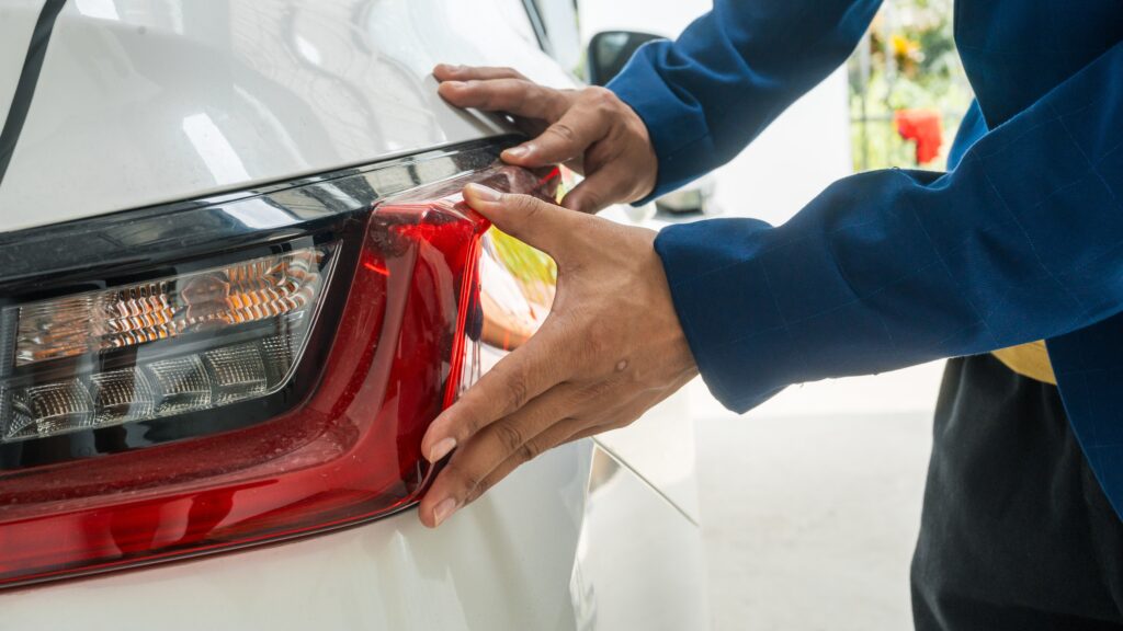 Close-up of a man repairing a car’s rear light, an essential step in preventing accidents and improving road safety in Texas.