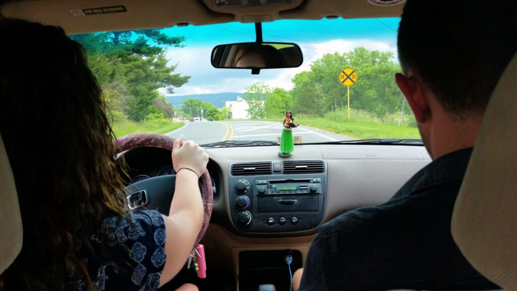 Driver on a rural road practicing defensive driving by staying alert to road signs and surroundings.