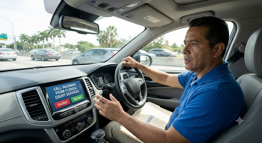 A man driving in Florida looks startled as his car’s screen displays a call from “Florida Court Services,” illustrating the deception of caller ID spoofing mentioned in the blog post.
