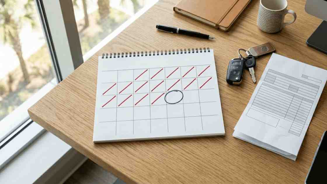 A calendar with several days crossed off in red ink resting on a wooden desk next to car keys, a pen, and a repair invoice, representing the waiting period for a loss of use claim.