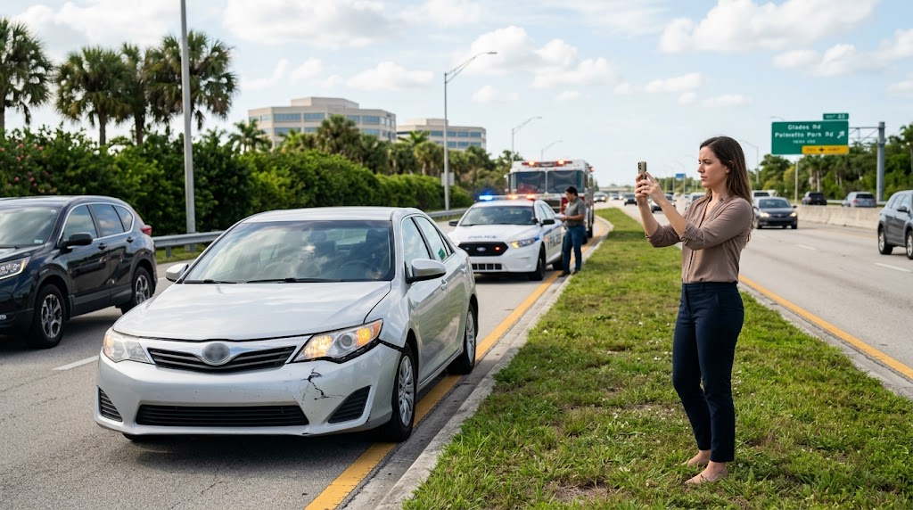 Woman photographing a damaged car on a Boca Raton highway shoulder with police present.