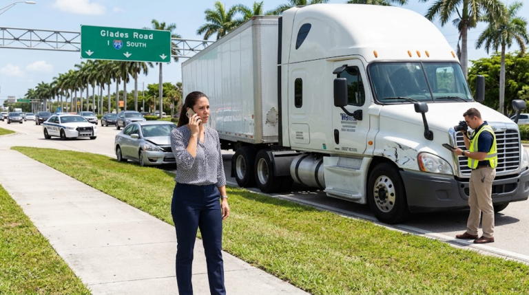 Woman calling for help on her phone at a commercial semi-truck accident scene near the Glades Road and I-95 South exit in Boca Raton while an investigator takes photos of vehicle damage.