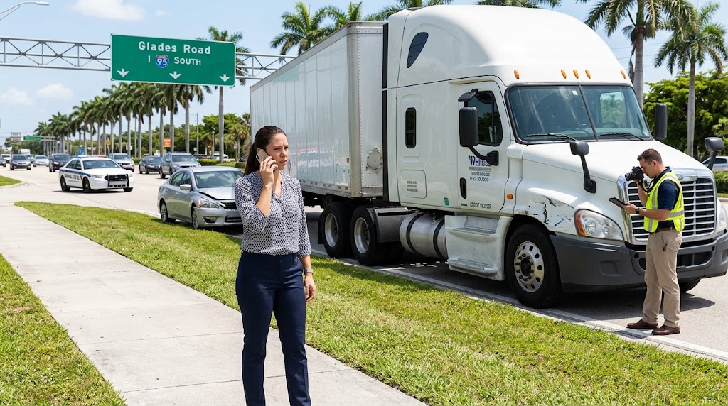 Woman calling for help on her phone at a commercial semi-truck accident scene near the Glades Road and I-95 South exit in Boca Raton while an investigator takes photos of vehicle damage.