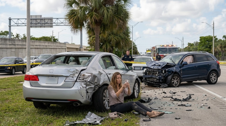 Woman sitting on the roadside using her smartphone to call for direct injury help following a severe multi-car collision on a Boca Raton road, with emergency responders and damaged vehicles in the background.