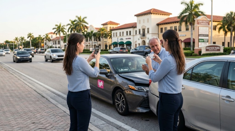 A woman taking smartphone photos of vehicle damage and exchanging driver information following an Uber or Lyft crash near Mizner Park in Boca Raton.