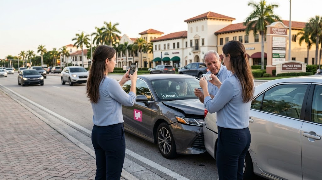 A woman taking smartphone photos of vehicle damage and exchanging driver information following an Uber or Lyft crash near Mizner Park in Boca Raton.