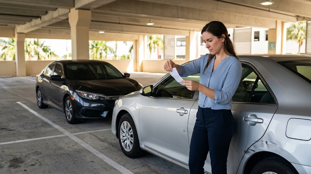 A woman reading a contact note left on her damaged silver sedan in a Boca Raton parking garage after a hit-and-run collision.